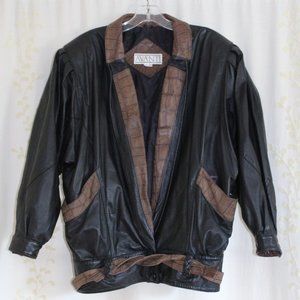 Vintage 1980s Avanti Black/Brown Leather Jacket Shoulder Pads Women's Small